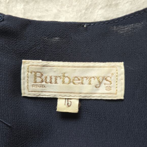 Vintage Burberrys Linen Blend Floral Midi Dress Navy Size 16 Short Sheer Sleeves - Picture 5 of 7